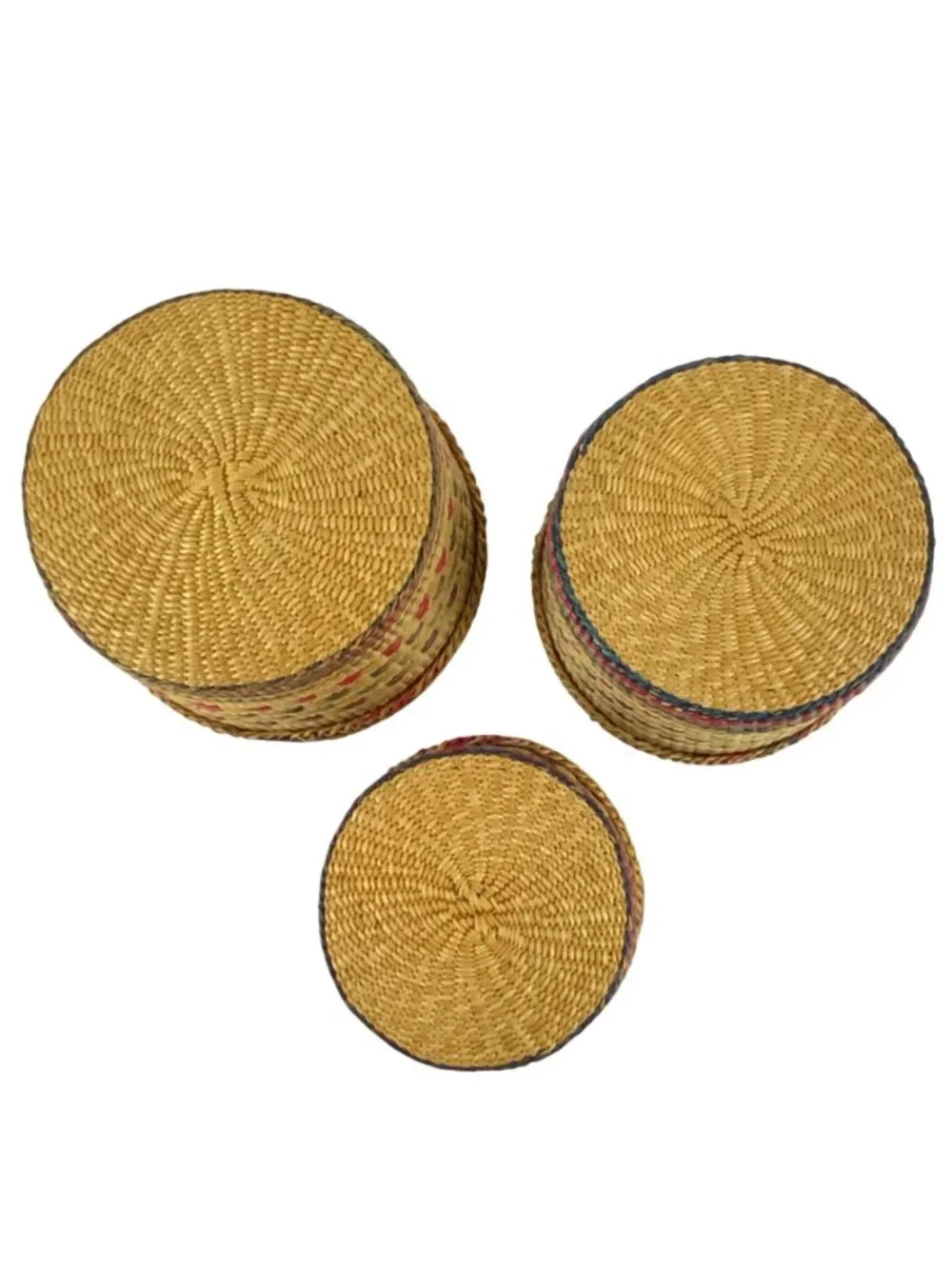 Set Of 3 Round Woven Straw Storage Baskets With Lids Multicolor Made In China